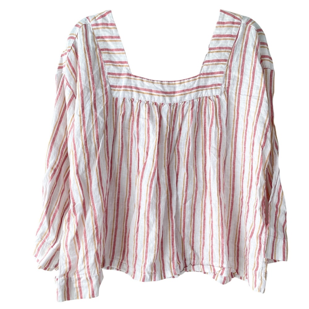Rachel Zoe Womens Linen Blouse XL Pink Striped Square Neck Top Coastal Boho